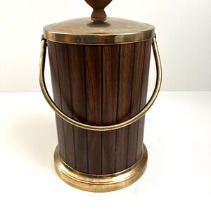 Vintage MCM Midcentury Modern Faux Wood and Brass Ice Bucket with Lid & Handle